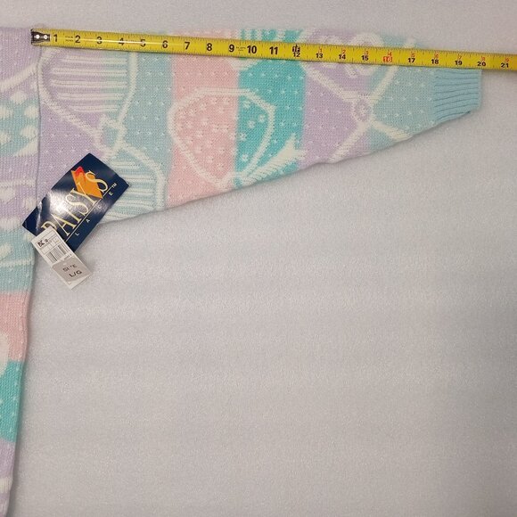 Vintage 80s Pastel Knit Sweater Geometric Bow Pattern Retro Pullover Holiday L - Picture 6 of 9